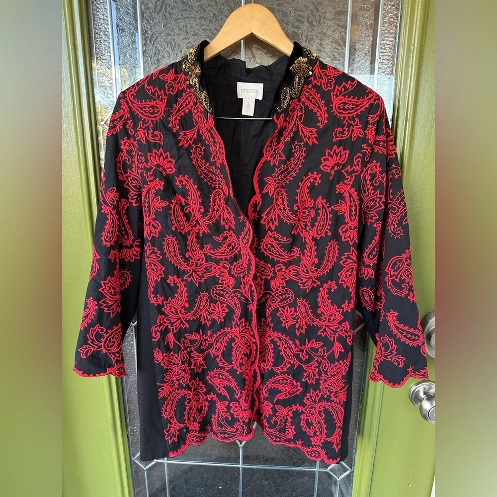 Chico’s Jacket Sz 1 Black Red Embroidered Floral gold Beads 3/4 length sleeves